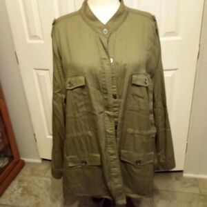 Liz & Me‎ Utility Jacket Olive Green Button Front Long Sleeve Pockets Size 3X